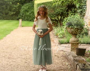 Lunghezza lunga Sage Green Tulle Lace Flutter Cap Sleeves Boho Flower Girl Bridesmaid Dress - Optional Sash