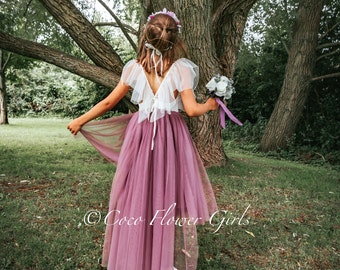 Beautiful Bohemian Butterfly Inspired High Low Flower Girl Dress - Bridal Wedding Occasion Dress - Heather Mauve