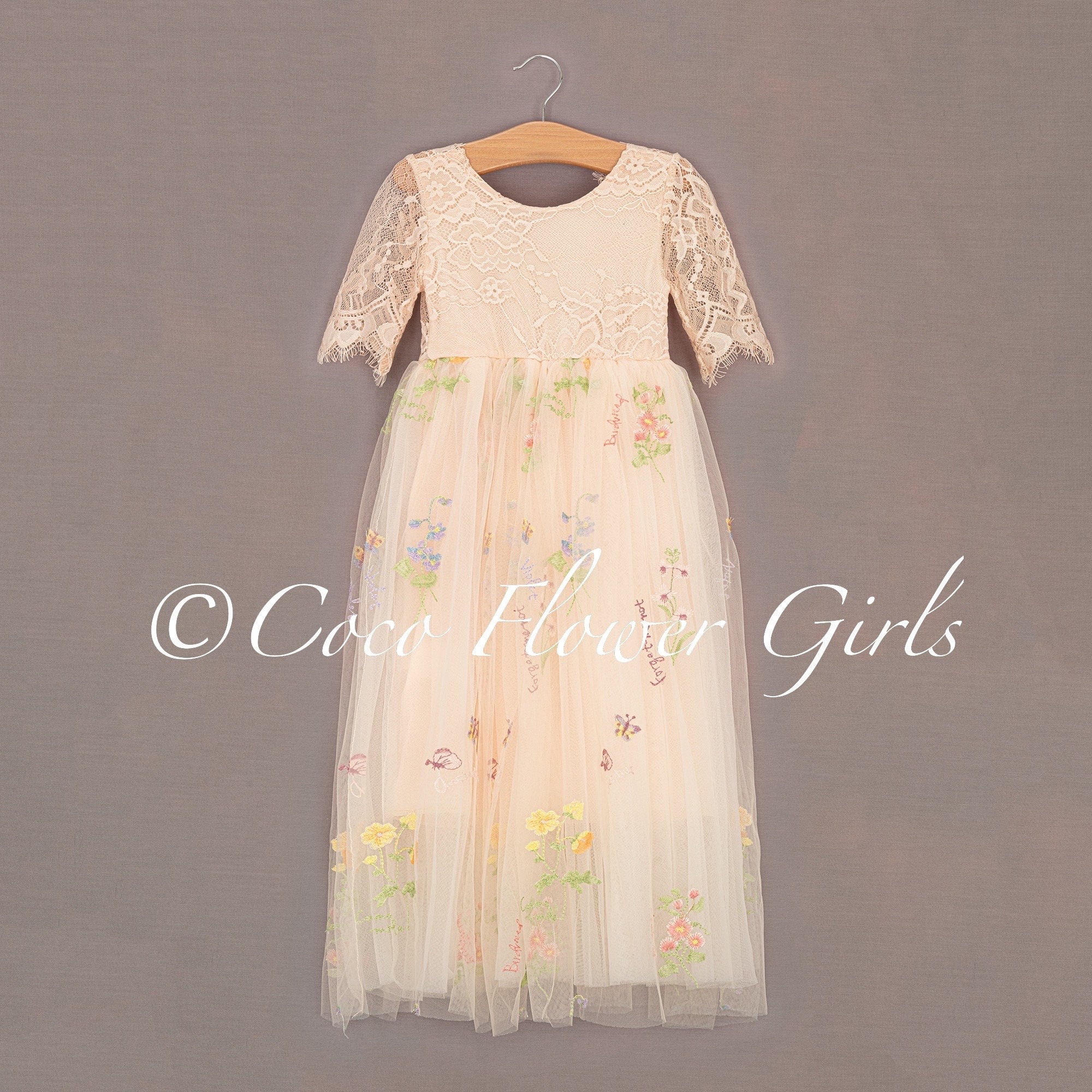 Boho Bridal Apricot Champagne Embroidered Beautiful Long Length Lace 3/4  Sleeves Bohemian Hippy Beach Rustic Style Flower Girl Dress - Etsy