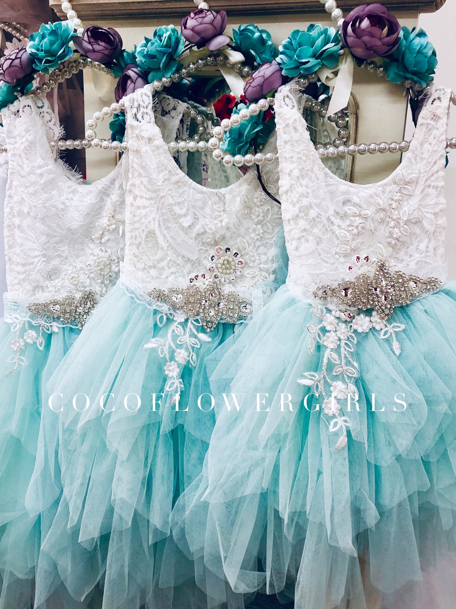 Mint green and white flower girl dresses top