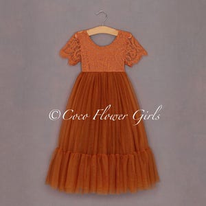 Flutter Sleeve Classic Bohemian Style Long Length Lace Flower Girl Bridesmaid Dress - Burnt Orange Ruffles Rustic Autumnal Boho Wedding