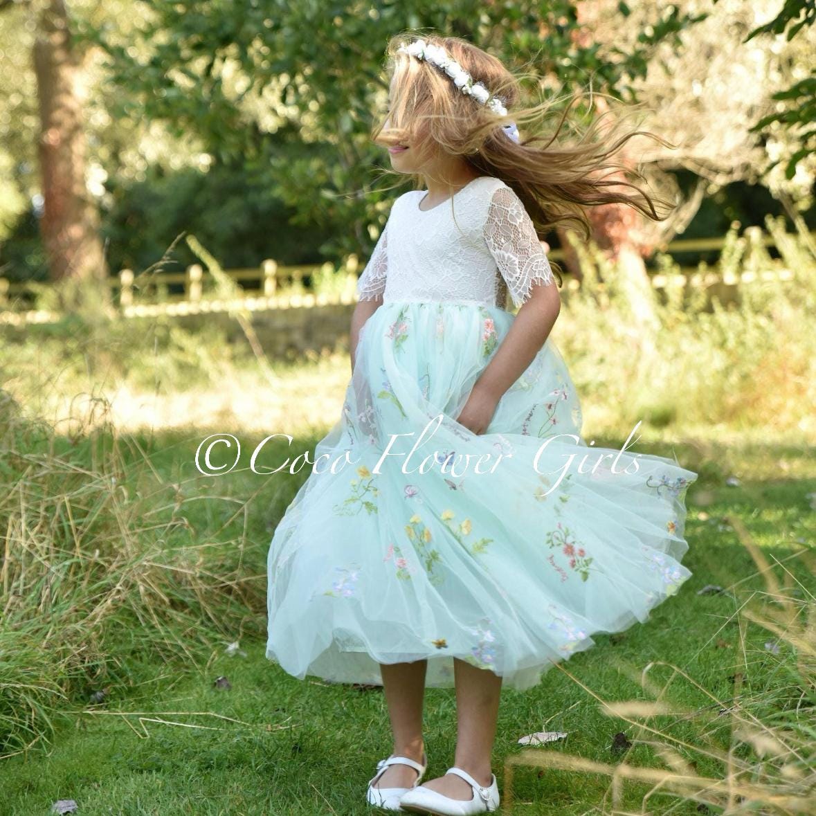 Mint Green Floral Embroidered Tulle Dress for Junior Bridesmaid - Etsy