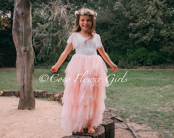 Best Seller Boho Dress Blush Flower Girl Dress Beach Wedding Toddler Dress Baby Dress Bridal Wedding - Long Ruffles and Flutter Sleeve