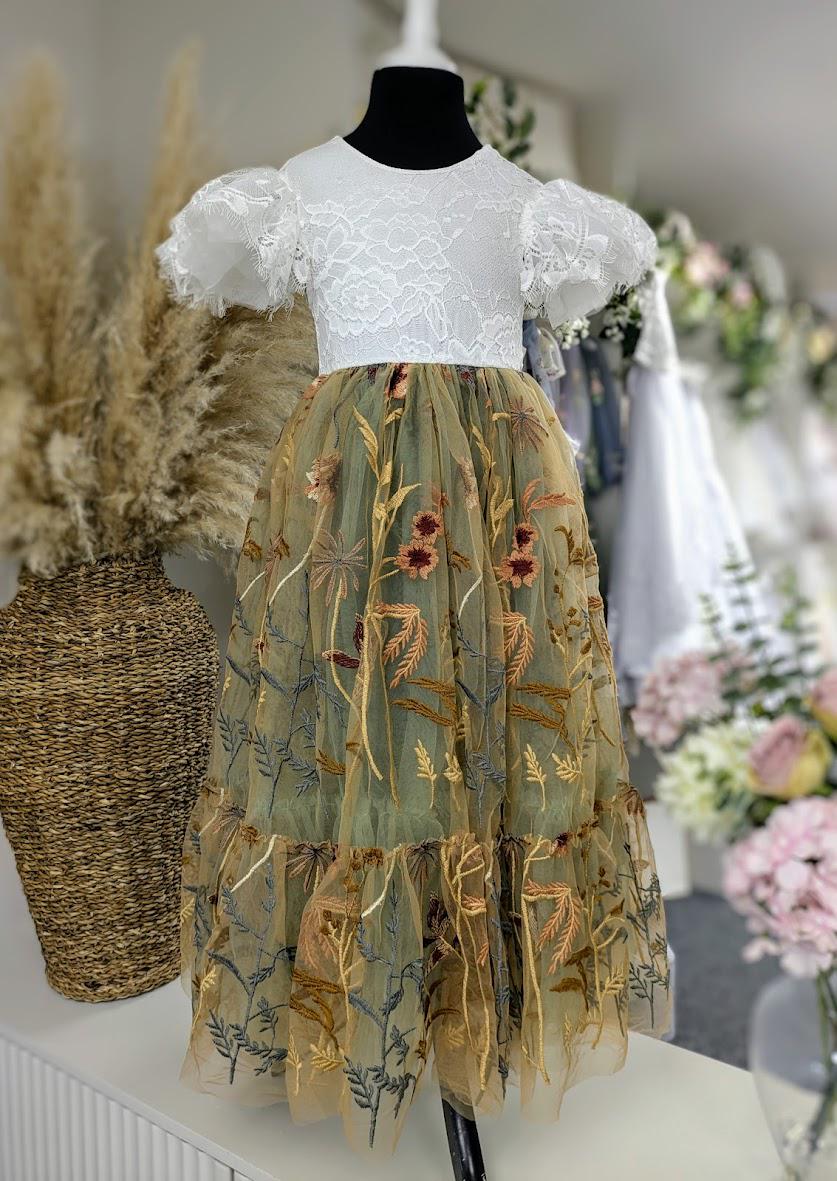 Eclectic Rustic Burnt Orange Sage Green Embroidered Lace Flower