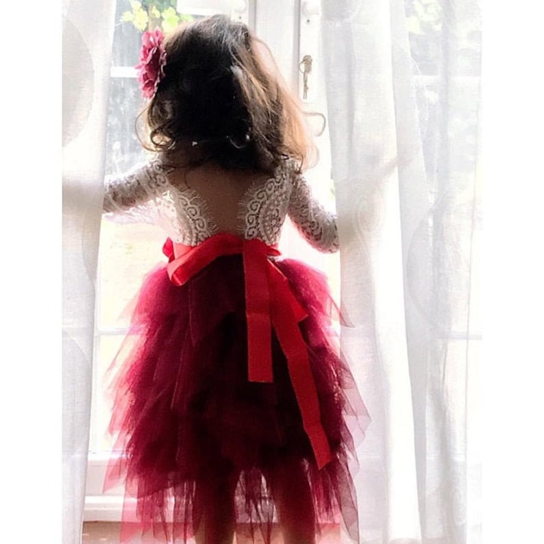 Long Ruffles Bohemian Flower Girl Dress with Flower Corsage Belt Wine Red