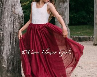 Ärmelloses Klassisches Boho Style Lang lang Spitze BlumenMädchen Brautjungfernkleid - Weinrot