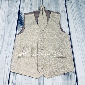 Boys Quality Champagne Silver Swirls Waistcoat Cravat Handkerchief Set - Page Boys Ring Bearer Mini Best Man - AGE 5 ONLY