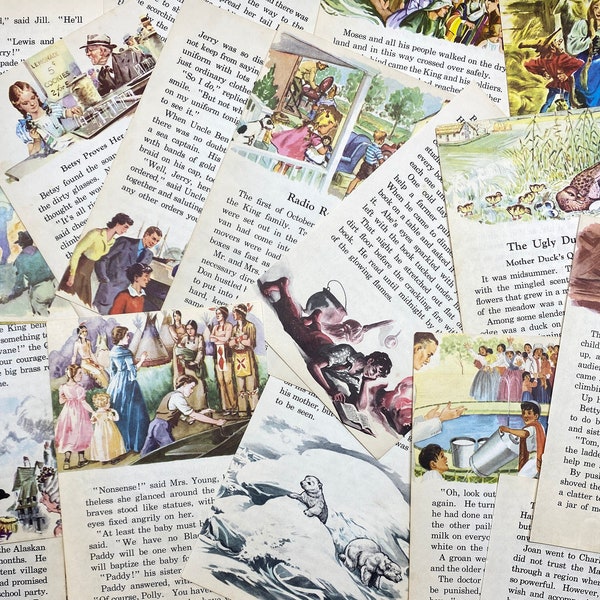 20 Vintage Illustrated Children's Book Pages 1940s Ephemera for Junk Journals Scrapbooking Collage Art