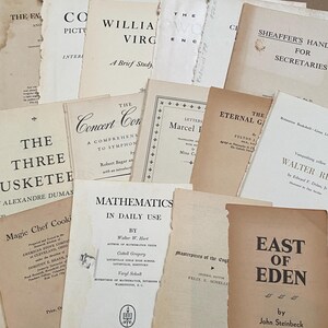 May include: A collection of vintage books with aged, cream-colored pages. Titles include "The Three Musketeers," "East of Eden," and "Sheaffer's Handbook for Secretaries." The books have visible wear and tear, suggesting their age and use.