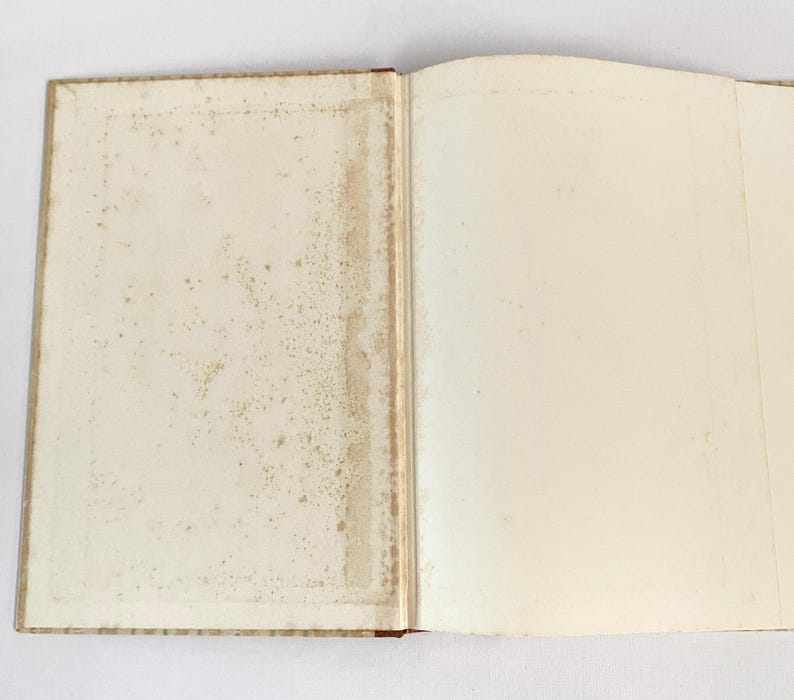 May include: An open book with aged, off-white pages. The left page shows signs of age with brown staining and spotting, while the right page is mostly clean. The book's spine is visible, suggesting a vintage or antique item.