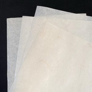 May include: A stack of translucent, off-white paper sheets. The paper has a delicate, textured appearance with visible fibers and subtle color variations. The sheets are layered, revealing the edges and the thinness of the material. The background is black.
