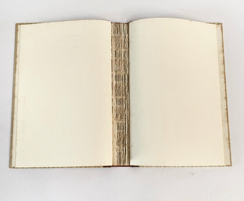 May include: An open, handmade journal with blank, cream-colored pages. The binding is visible, showing the hand-stitched spine. The cover edges have a textured, patterned design. The book is lying open, ready for writing or sketching.
