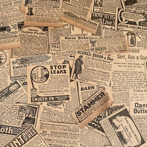 May include: A collage of vintage newspaper clippings with faded text and illustrations. Headlines include "Stop Leaks," "Sales Agents," and "60 Breeds." The papers are arranged in a layered pattern, creating a textured, aged appearance.