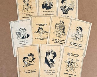 10 Trading Stamp Book Pages 1950s Vintage Illustrations for Scrapbooking Junk Journal Mixed Media Craft Supply Mid Century
