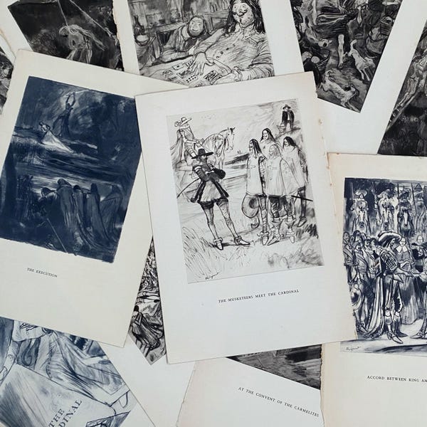 11 Vintage The Three Musketeers Book Illustrations Edy Legrand Sketches Ephemera Book Pages / Junk Journals Scrapbooking Collage Art