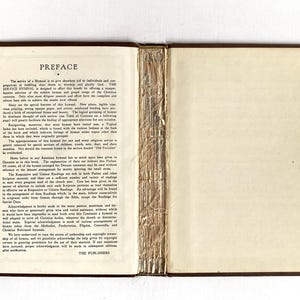 May include: Open vintage book with a brown cover and gold-colored binding. The left page displays the title "PREFACE" and text. The right page is blank. The book is open, revealing the pages and spine.