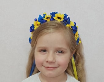 Ukrainian double cornflower and sunflowers With yellow and blue ribbons Headband, Blue and Yellow Headband, Ukrainian flower crown