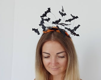 Bat headband, Halloween black bat headband, Halloween crown for girl, Halloween headpiece Batgirl party, Orange and black Halloween headband