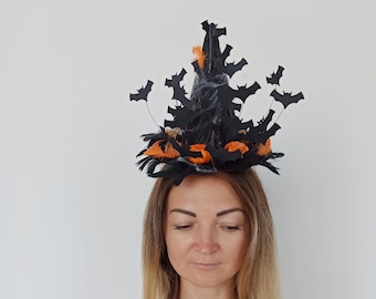 Halloween Witch Fascinator Hat, Bat headband, Halloween headband, Orange and Black Halloween Headband, halloween headband adult, Witch Hat