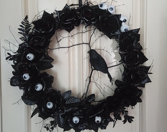 Gothic Halloween-Kranz, schwarze Rosen Kranz, Halloween Schwarzer Zweig Kranz, Schwarzer Rabe Halloween-Kranz, schwarzer Krähe Kranz