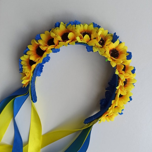 Ukrainian double cornflower and sunflowers With yellow and blue ribbons Headband, Blue and Yellow Headband, Ukrainian flower crown