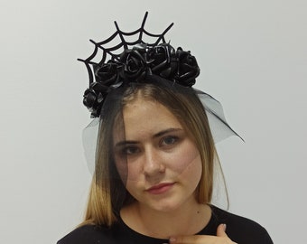 Black Rose Veil Crown, Halloween Black Flower Headband, gothic goth flower crown, Black Rose headband, Black Wedding
