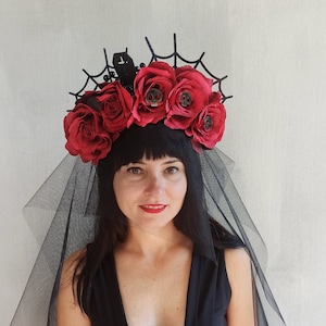 Day of the Dead flower headpiece, Halloween Flower Crown, Black burgundy flower crown, Halloween wedding headpiece, Halloween handband