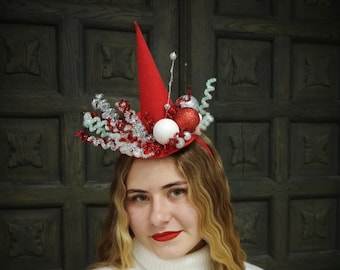 Red Christmas Mini Hat Fascinator, Felt Holiday Headband