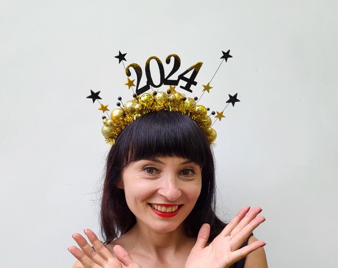 Black and Gold 2024 Crown New Years Eve Crown, 2024 Headband, 2024 ...