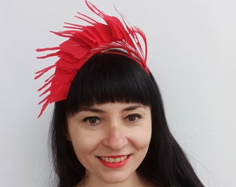 Elegant Red Feather Headband Unique Headpiece for Weddings Ladies Day Races or Formal Events, Bridesmaids Hair Accessory