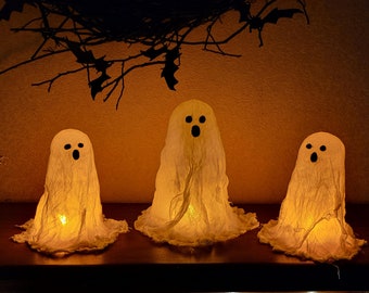 Set of 3 Ghosts LED Tea Light, Cheesecloth Ghosts, Halloween Night Lights, Halloween Mantel Decor, Spooky Gift, Spooky Decor, Halloween Gift