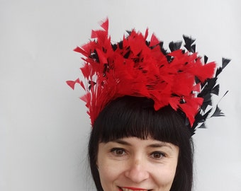 Red & Black Feathers Fascinator On Headband for Weddings and Races Alice Hair Band, Valentine Day, red and black feather halo crown