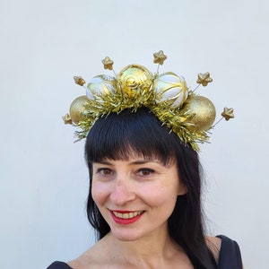 Lichtgouden witte kerst klatergoud bal hoofdband kroon, kerst hoofdband volwassene, sterren kroon, bal ornament hoofdband, feestelijke hoofdband