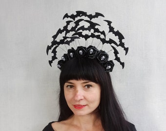 Halloween black bat headband, Black rose halloween headband, Halloween crown, Vampire headband, bat wing headpiece, Day of the Dead headband