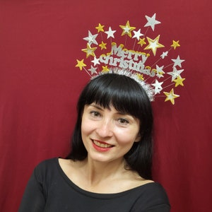 Silver, Gold Christmas star crown, Glitter Merry Christmas Headband, Christmas Headband Adult, stars crown Celestial glitter headpiece