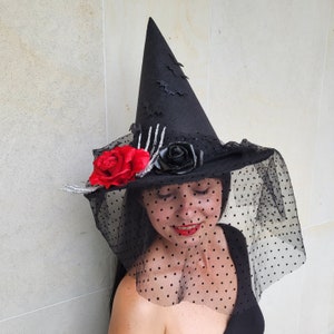 Gothic Witch Hat with viel, roses, skeleton hands, Modern Halloween Black Witch Hat For Women, Witchy party hat