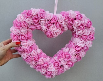 Volume Pink rose heart wreath, Valentine Wreath, Valentine decor, Handmade hanging heart,  wedding wreath, Love wreath, Pink heart