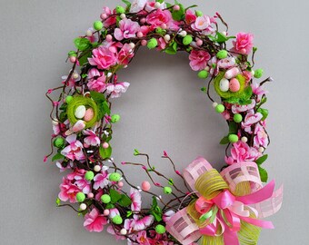 Spring Easter Egg Door Wreath, Pink spring flower wreath, Spring Decor, Spring Egg Wreath, Artificial Flower Wreath, Easter egg Wreath