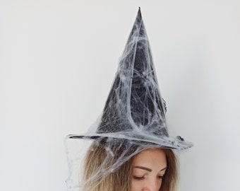 Unique Spooky Black Halloween Witch Hat For Women with spider web and spiders, Halloween Party Masquerade Cosplay Witch Costume