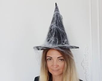 Halloween Witch Hat For Witchy Party, Black Witch Hat With web, spiders, Witch Hat For Adults, Black Fancy Witch Hat For Women Halloween hat