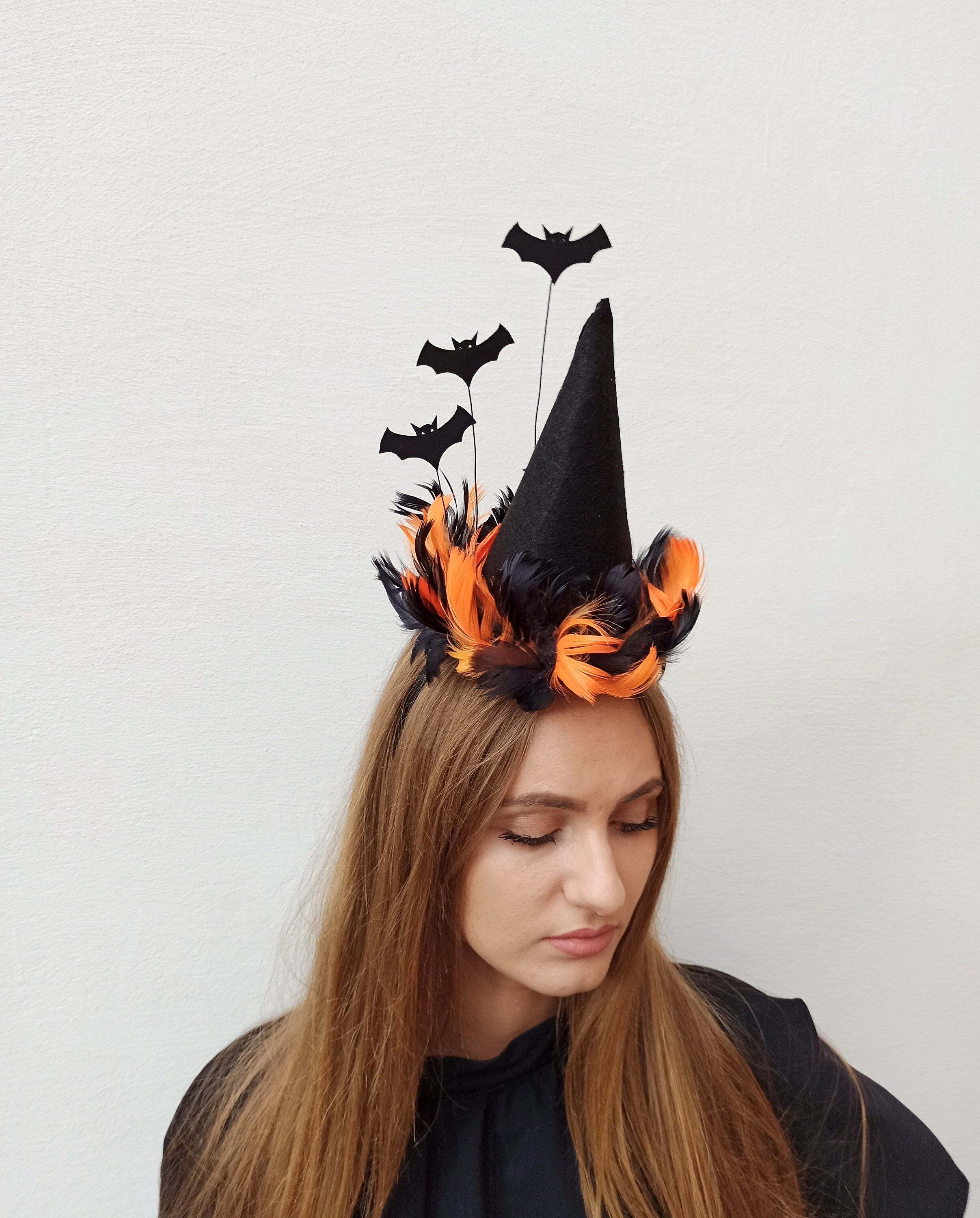Witch Hat Headband, Mini witch hat, Orange and black Halloween headband, Orange and Black Feather Hat, Witch costume hat, Witch Hat