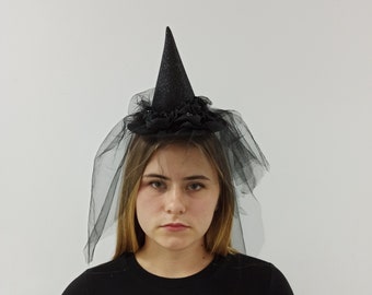 Black Witch Hat Headband, Halloween Witch Fascinator Hat, Halloween Headband, Witch costume hat, Mini witch hat, witch headband