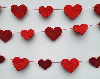 Valentines Day Wall Decor Heart Garland, Hanging Glitter Red