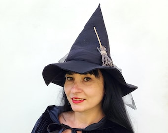 Halloween Black Witch Hat with Mini Broom for Women - Costume Accessory, Cosplay, Halloween Cosplay Witch Hat, Witchy Party Accessory