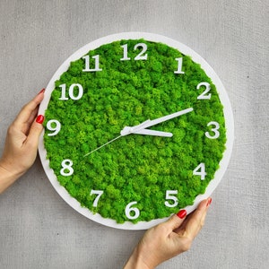 Green moss wood wall clock, Wood Wall clock with natural green moss, Moss wall clock, Wall wood clock, Scandinavian Moss Clock