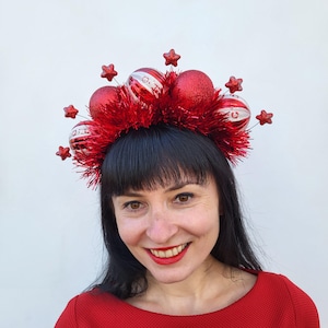 Rode kerst klatergoud hoofdband kroon met rood witte kerstballen, rode sterren kroon, Ho Ho Ho hoofdband, ornament hoofdband feestelijke kerst hoofdband