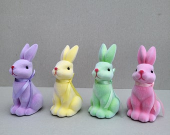 Pink, Yellow, green, blue Flocked Bunnies Flocked Rabbits, Set of 4, Easter Bunny Decor, Easter Bunnies, Easter Decor, Spring Tiered Tray