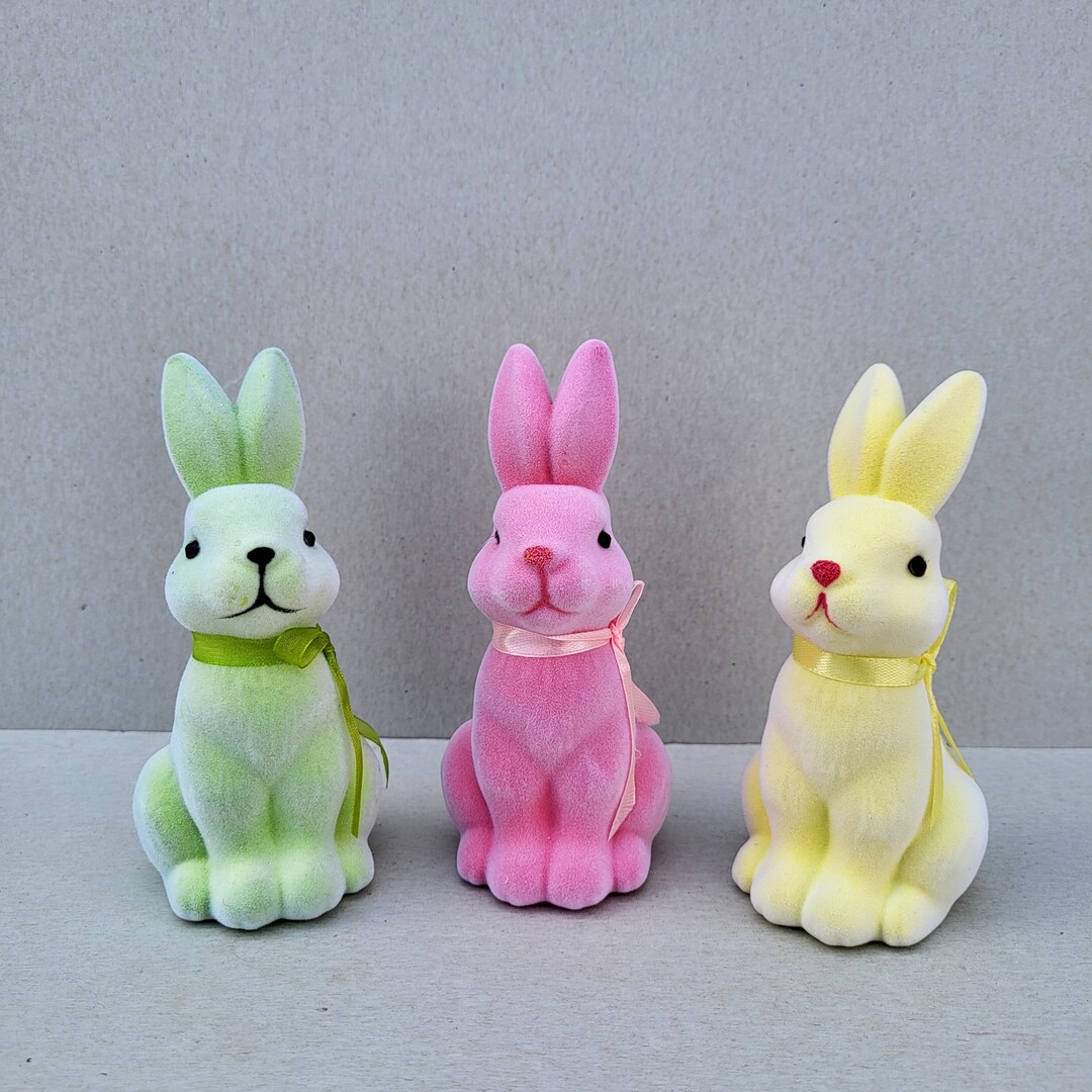 Pink, Yellow, Green Flocked Bunnies Flocked Rabbits, Easter Bunny Decor ...