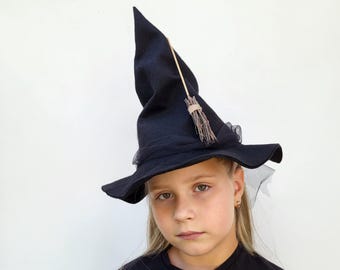Halloween Black Witch Hat with Mini Broom for Girls - Halloween Kids Costume Accessory, Cosplay & Photo Prop, Childrens Witches Hat Costume