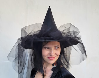 Black Halloween witch hat for Women adult, Black Witch Hat with Tulle Veil, Elegant Halloween Costume, Witch outfit